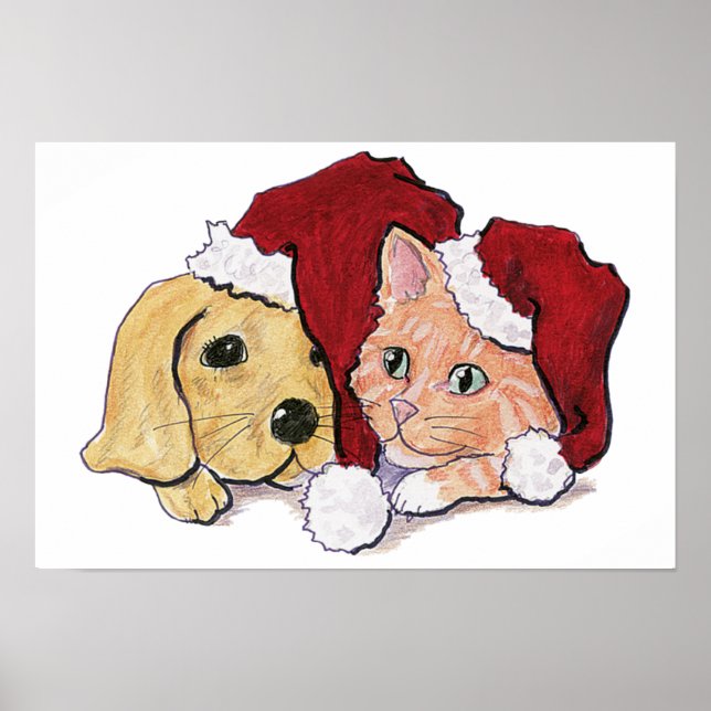 Póster Filhote de Labrador de Natal fofo e Gato Tabby Lar (Frente)