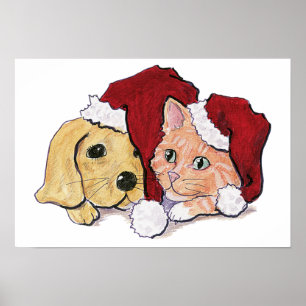 Póster Filhote de Labrador de Natal fofo e Gato Tabby Lar