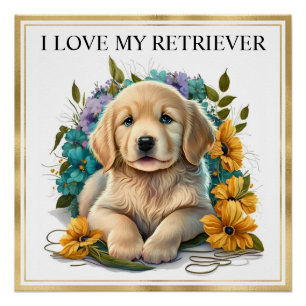 Póster Filhote de Retriever Dourado em Aquarela com Moldu