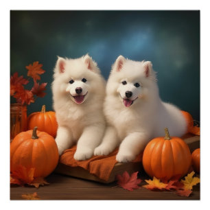 Póster Filhote de Samoyed Delícia de Outono Abóbora