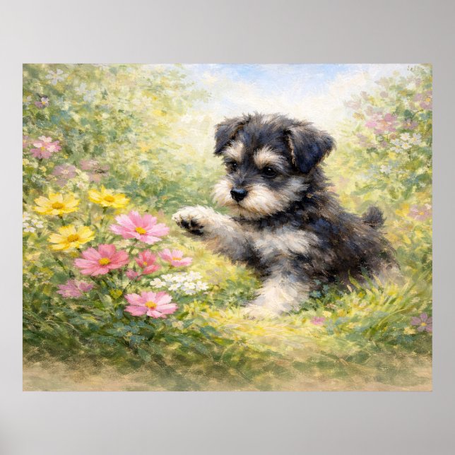 Poster Filhote de Schnauzer Flores da Primavera (Frente)
