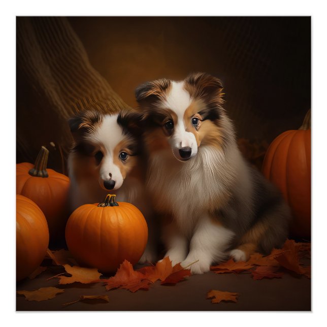 Póster Filhote de Shetland Sheepdog Outono Prazer Abóbora (Frente)