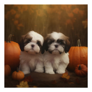 Póster Filhote de Shih Tzu Delícia de Outono Abóbora