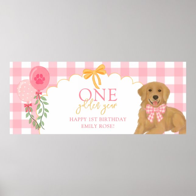 Poster Filhote Retriever Um Ano de Idade Rosa (Frente)
