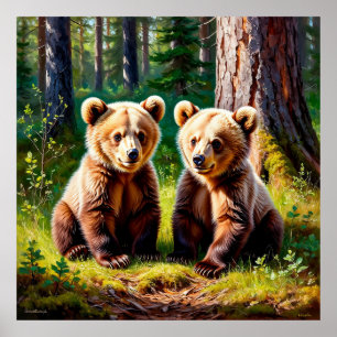 Poster Filhotes de Urso Gêmeos Adoráveis em uma Clareira