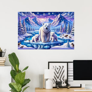Poster Filhotes de Urso Polar no Gelo em Paisagem Nevada