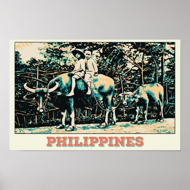 Poster Filipinas, crianças brincando com búfalos d'água (Frente)