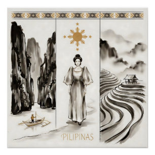 Póster Filipinas-El Nido & Arroz em Terraços-Pintura a na