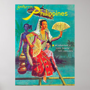 Poster Filipinas, mulheres em trajes tradicionais,