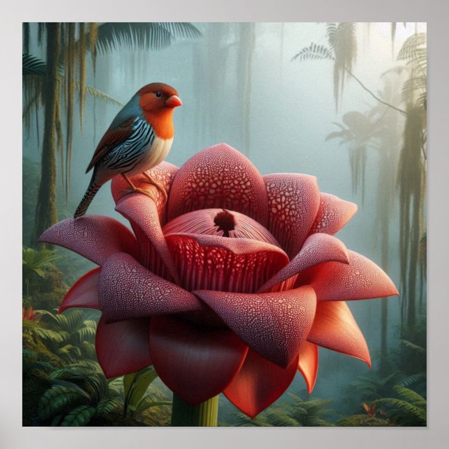 Poster Finch on Giant Jungle Flower in Moody Tropical  (Frente)