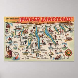 Póster Fingerlakes, New York - mapa detalhado