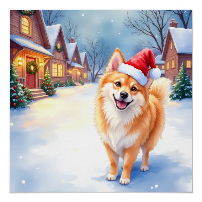 Póster Finnish Lapphund Snowy Village Santa Hat Christmas (Frente)