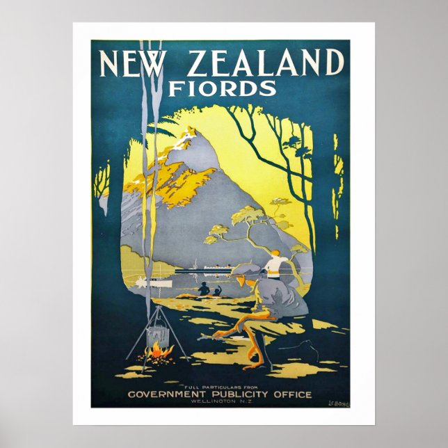 Poster Fiordes da Nova Zelândia, pôster de viagem vintage (Frente)