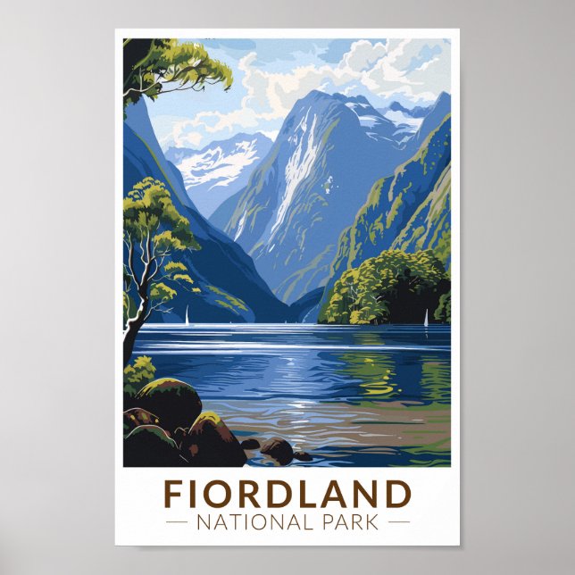 Poster Fiordland National Park Viagem Art Vintage (Frente)