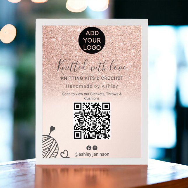 Poster Fios de crochê para tricô com rosa dourado (Rose gold glitter knitting crochet yarn Qr code Poster)