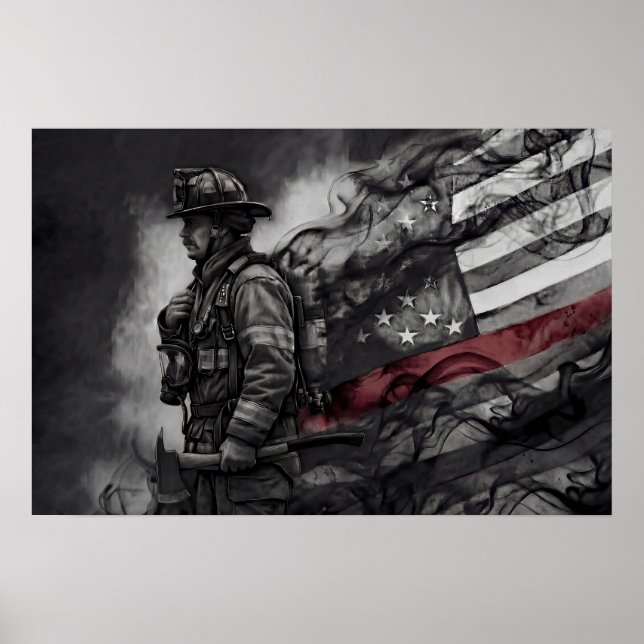 Poster Firefighter Red Line Tribute Smoke American Flag (Frente)