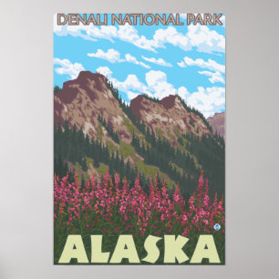 Póster Fireweed & montanhas - parque nacional de Denali,