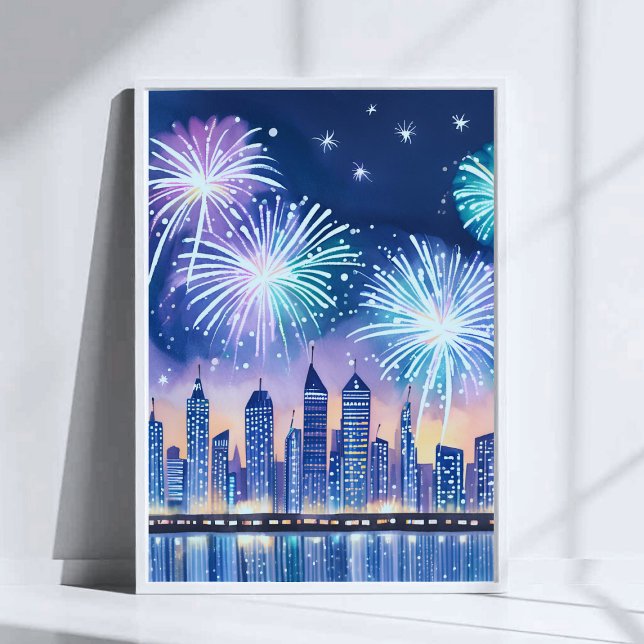Poster Firework Cityscape | Blue Lofi Digital Watercolor (Criador carregado)