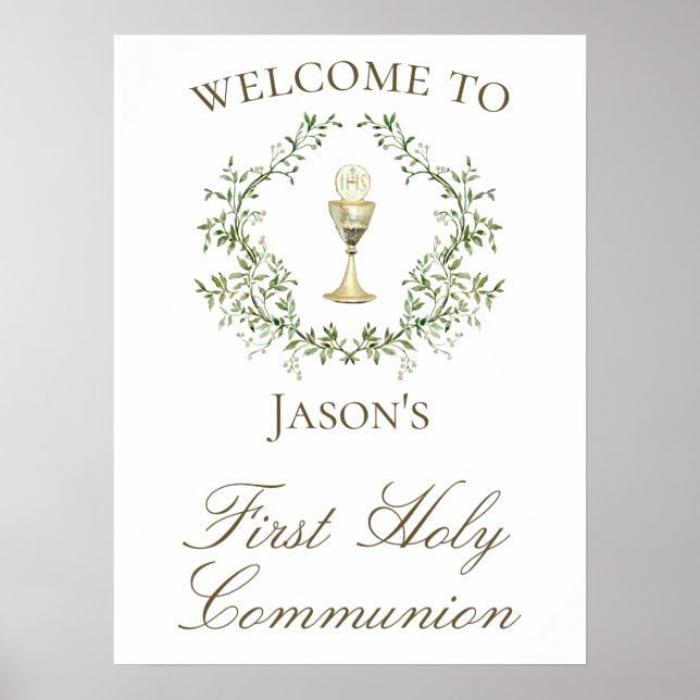 Poster First Communion chalice crest greenery (Frente)