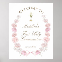 Poster First Communion pink peonies welcome