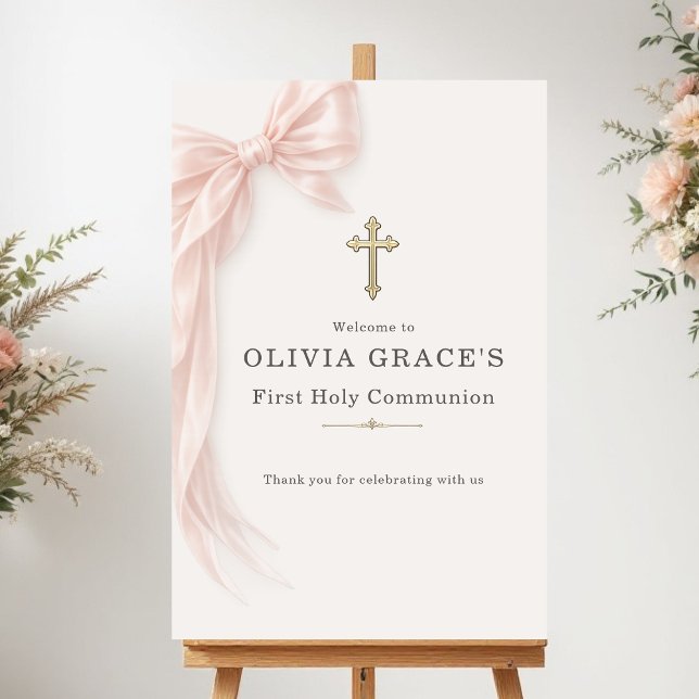 Poster First Holy Communion Pink Bow Girl Welcome (Criador carregado)