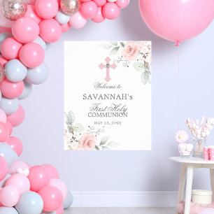 Poster First Holy Communion Welcome Sign Pink Rose Girl