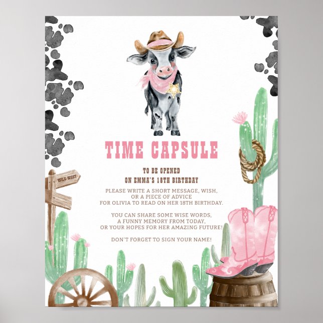 Poster First Rodeo Wild West Baby Cow Time Capsule Sign (Frente)