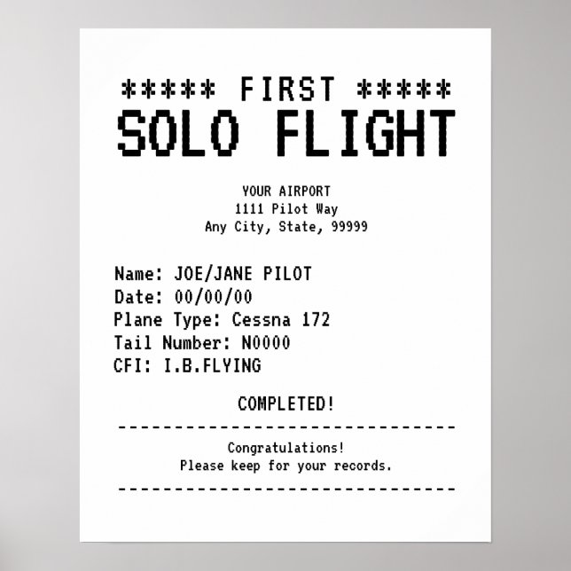 Poster First Solo Flight Congratulations (Frente)