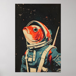 Poster Fish Astronaut Poster, Fish Retro Print, Fish