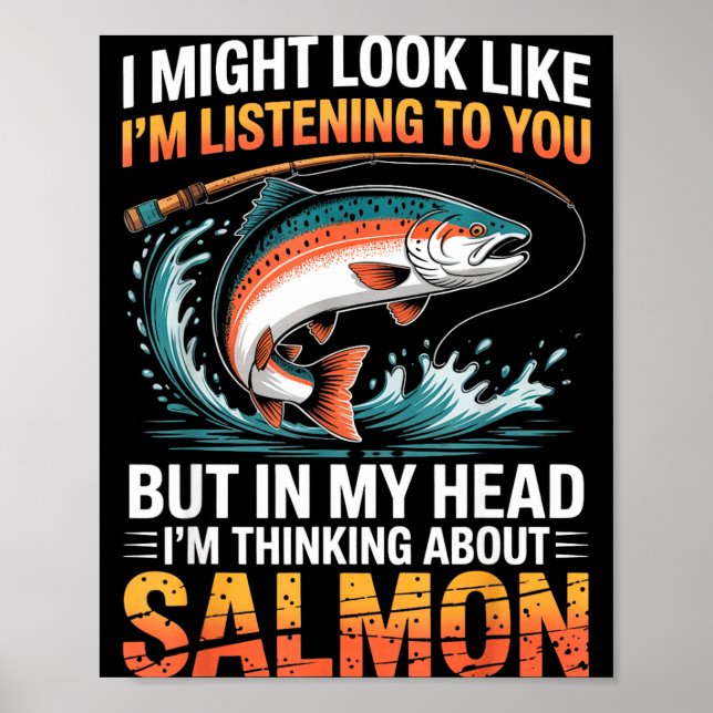 Poster Fisherman Fish Angler Thinking About Salmon Fishin (Frente)