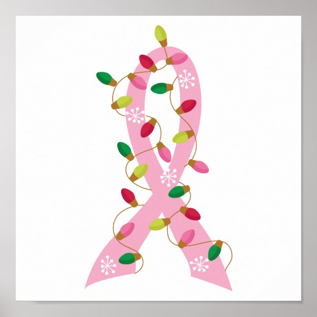 Póster Fita Rosa Com Luzes De Natal Cancer De Mama (Frente)
