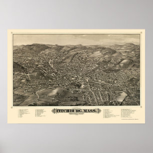 Poster Fitchburg, mapa panorâmico das MÃES - 1882