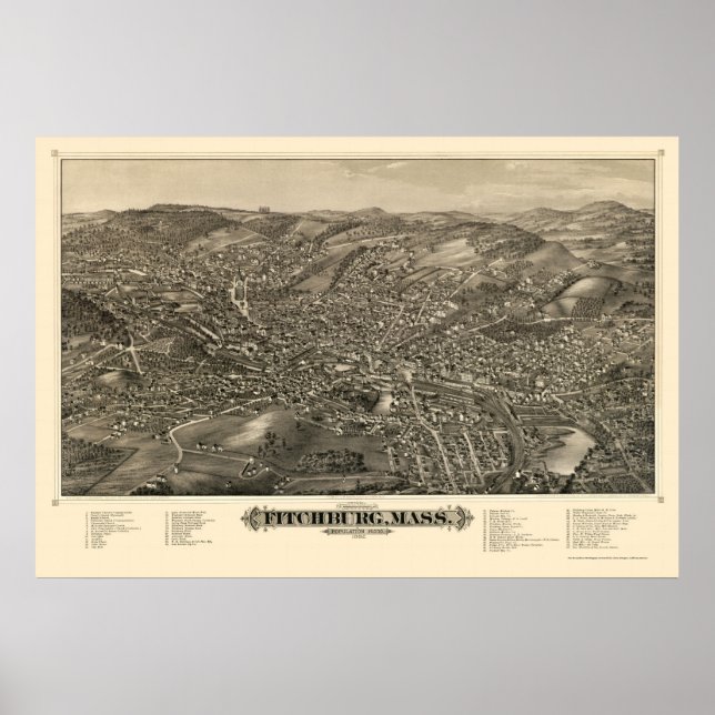 Poster Fitchburg, Mapa Panorâmico MÃE - 1882 (Frente)