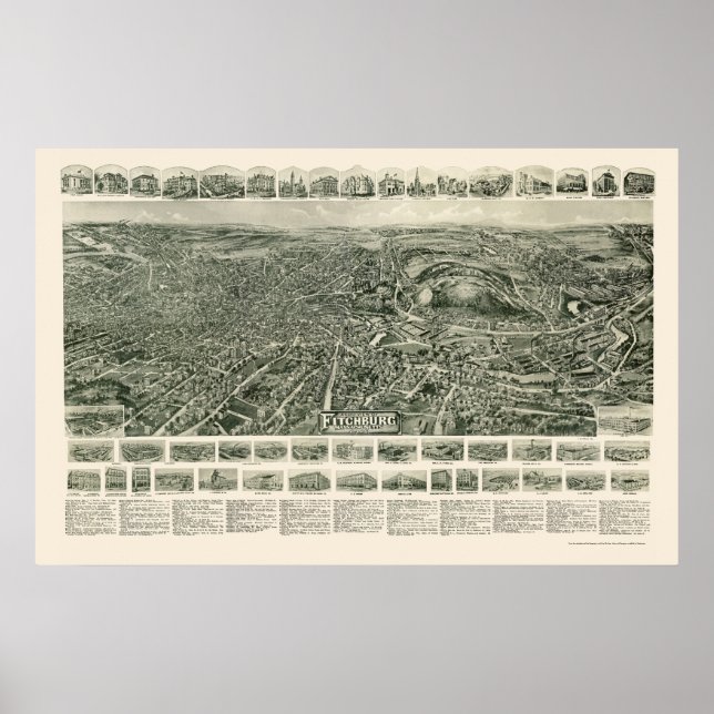 Poster Fitchburg, Mapa Panorâmico MÃE - 1915 (Frente)