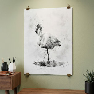 Poster Flamingo Aquarela Preto e Branco 01