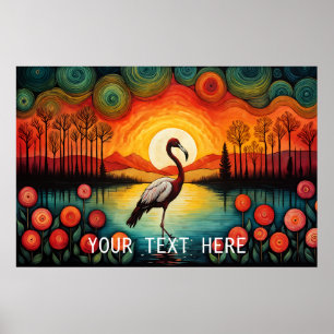 Poster Flamingo Bird Lake Sunset Colorida Floral
