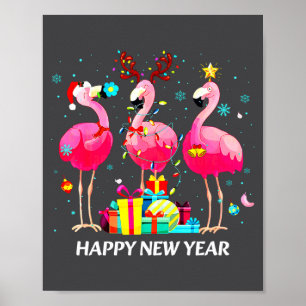 Poster Flamingo Chapéu de Papai Noel Feliz Ano Novo Luz M