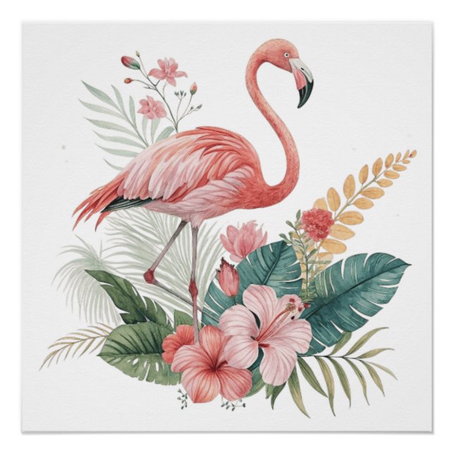 Póster Flamingo Com Flores (Frente)