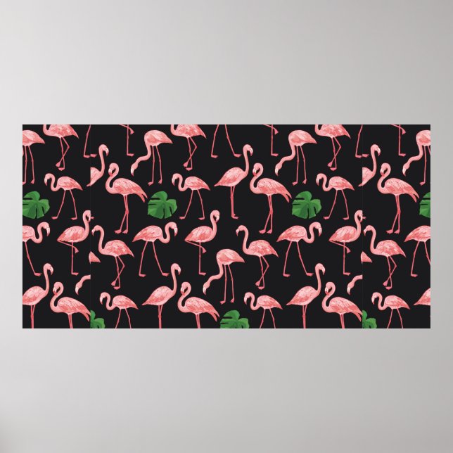 Poster flamingo com folhas de palma de monstera. (Frente)