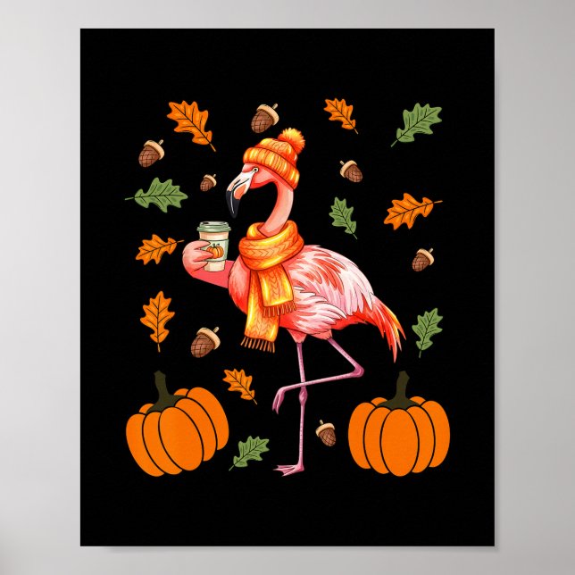 Poster Flamingo de Outono, Tempero de Abóbora, Folhas de  (Frente)