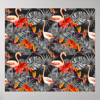 Poster Flamingo e flores, padrão monocromático.