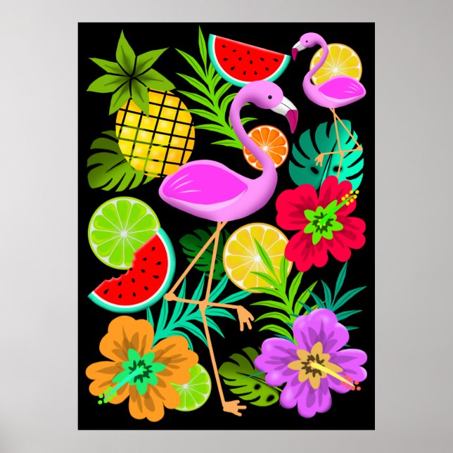 Poster Flamingo e Padrão de Diversão de Frutas de Verão (Frente)
