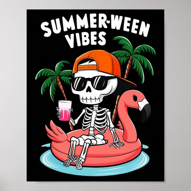 Poster Flamingo Esqueleto Divertido Vibrações Summerween  (Frente)
