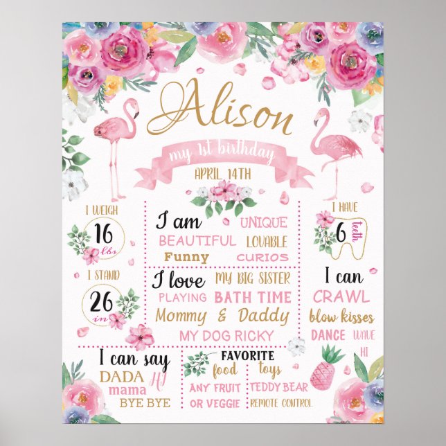 Poster Flamingo Fllowers Summer Luau Sinal de Aniversário (Frente)