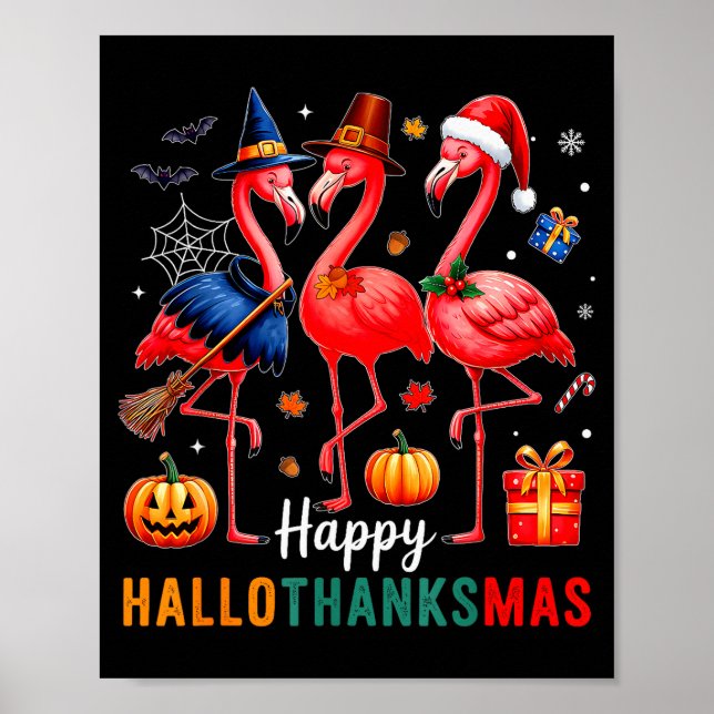 Poster Flamingo Happy Hallothanksmas Funny Halloween Than (Frente)