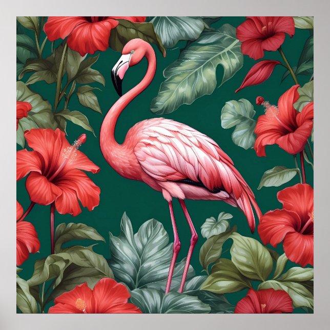 Poster Flamingo Hibiscus Flores Emerald Green (Frente)