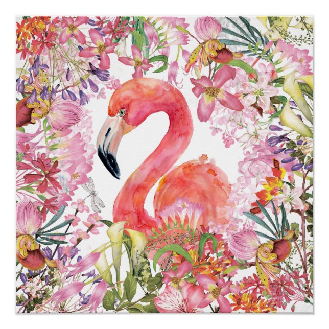 Póster Flamingo na Selva Flor - Padrão de Verão (Frente)
