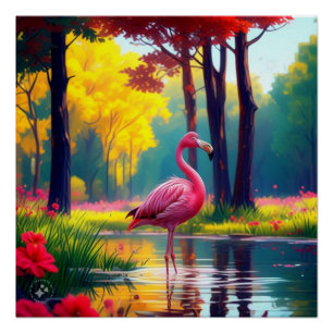 Póster Flamingo no lago