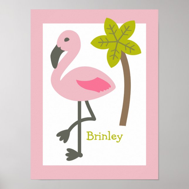 Póster Flamingo + Palm Tree Personalizado Nursery Trabalh (Frente)