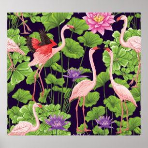 Poster Flamingo, plantas tropicais, fundo negro.